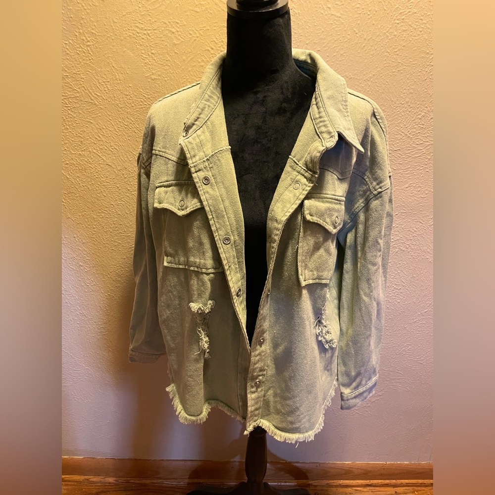 Blue B Green Denim Distressed Jacket, Size Large